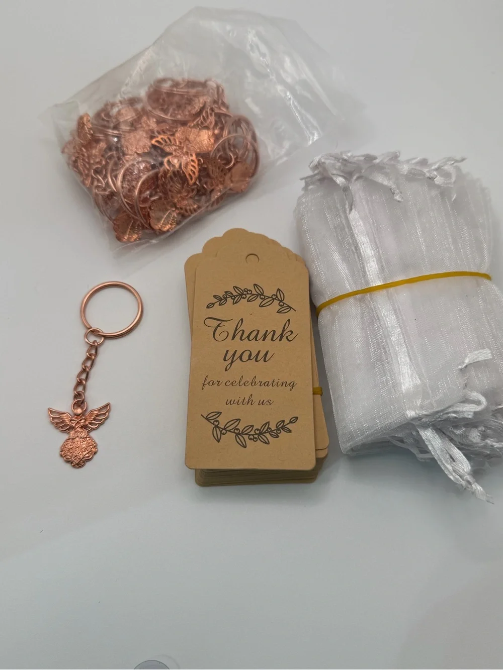 Party Favor Angel Keychain Set with White Organza Bags and Thank You Tags